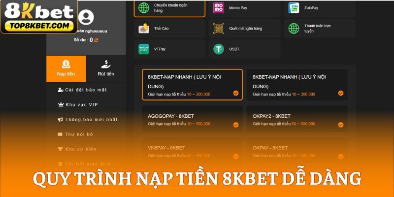 Quy trình nạp tiền 8KBET dễ dàng